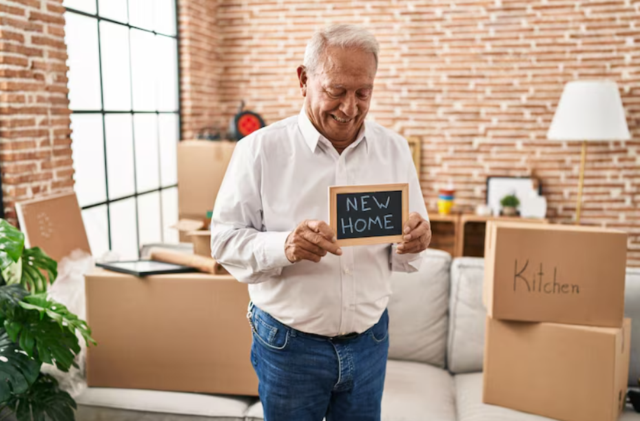 Smiling senior man holding a sign that says new home while unpacking boxes after downsizing.
