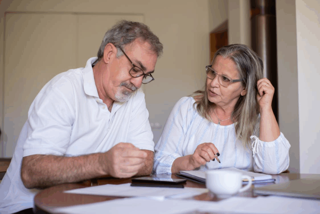 Senior couple reviewing retirement savings plan to protect against inflation