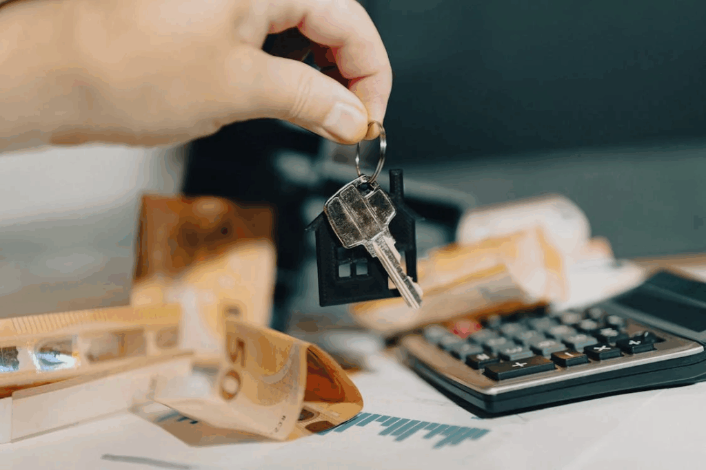 Homeownership and finances concept with house key, calculator, and euro bills on table