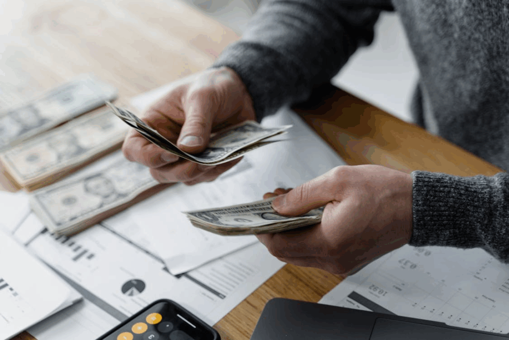 Person counting cash with pension documents, representing the decision between a pension lump sum offer and lifetime payments.