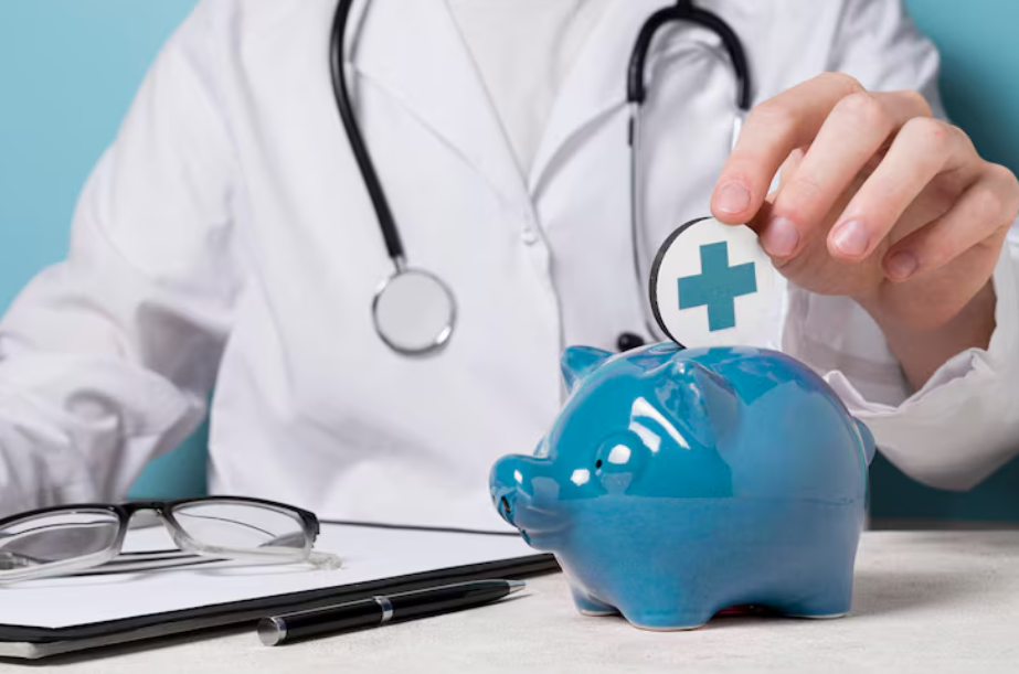 Doctor placing coin into piggy bank symbolizing savings for healthcare costs in retirement.