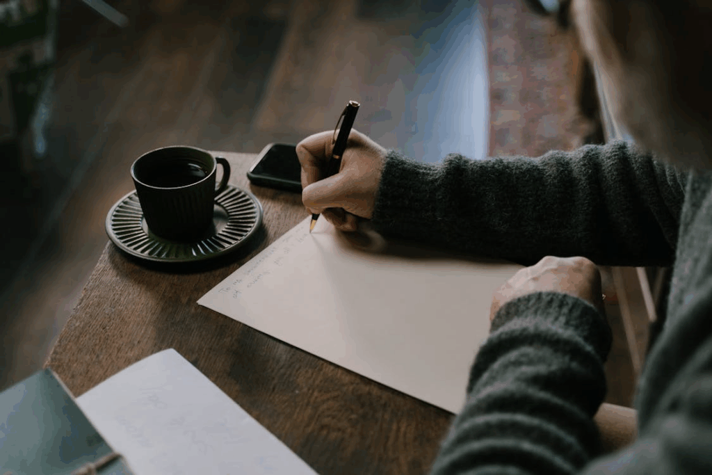 Older adult writing life goals in a notebook to create a 20-year life map