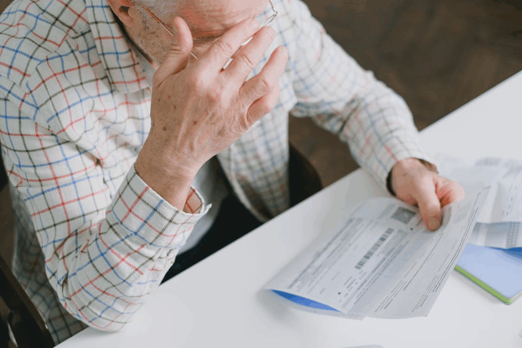 Stressed senior man holding bills while reviewing financial expenses at home