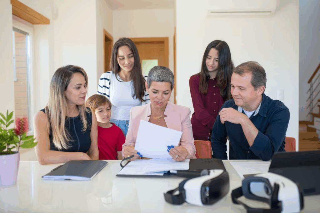 Family meeting with financial advisor to discuss money and future planning together.