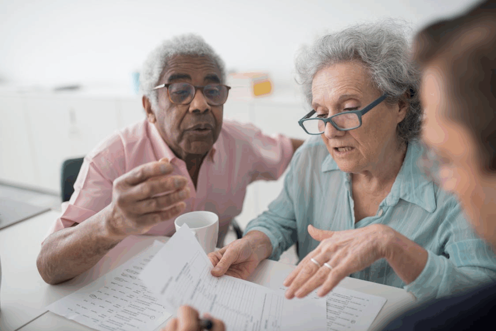 Senior couple reviewing retirement documents with an advisor, planning for Required Minimum Distributions after age 73.