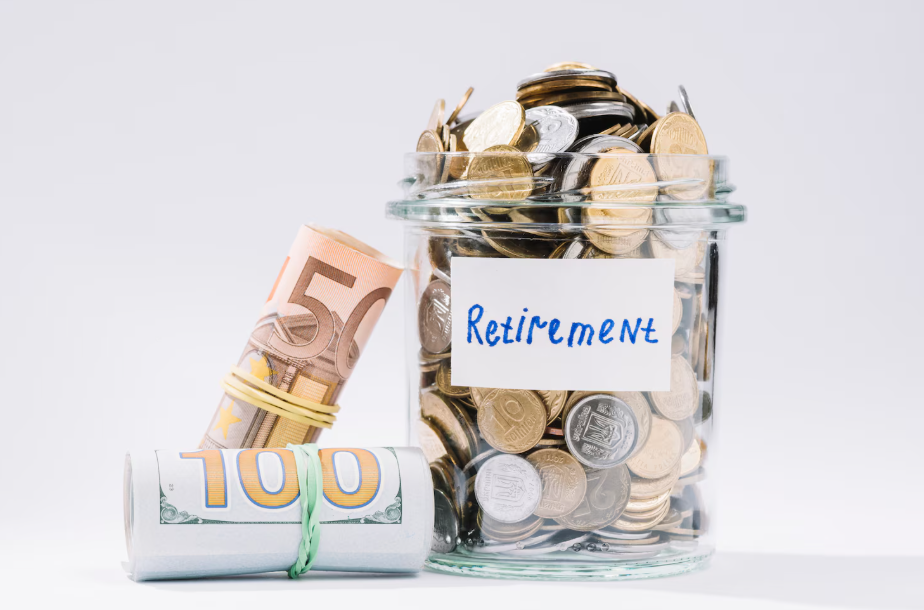 Money jar marked retirement with euro and dollar bills for future planning